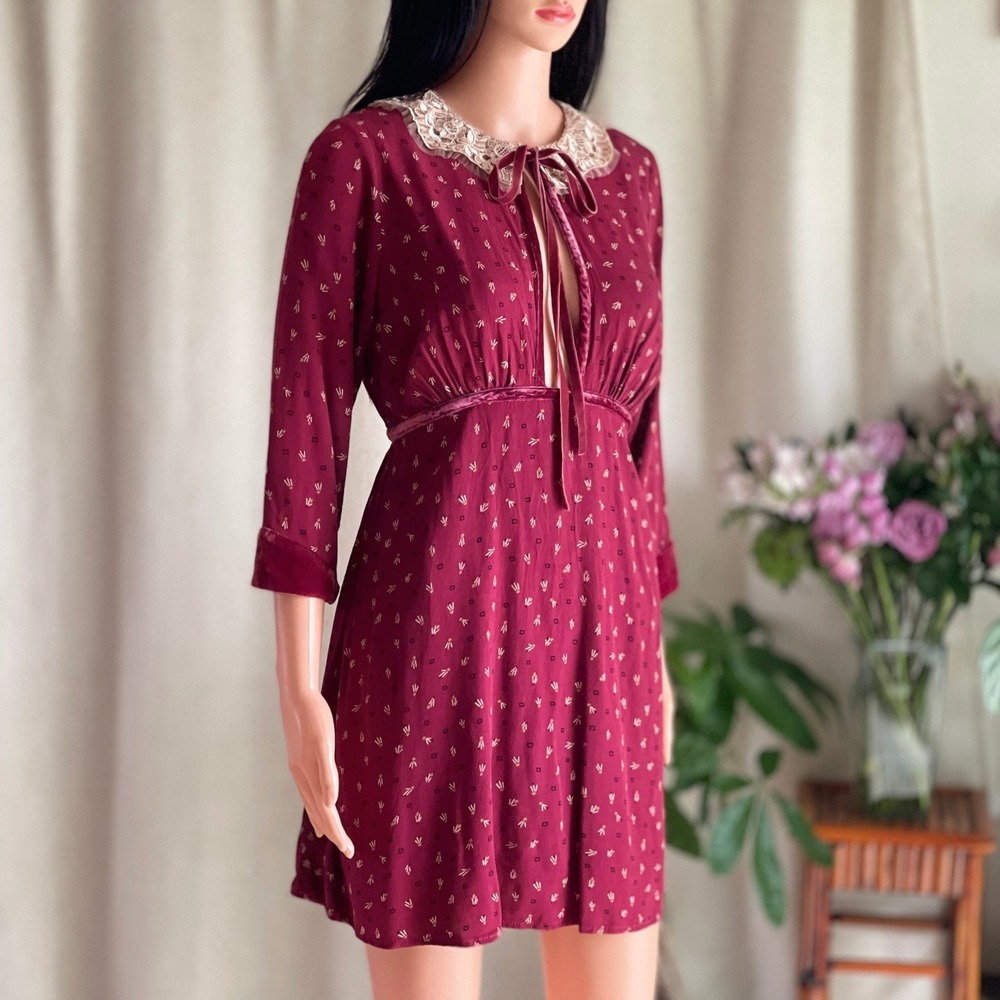 Free People Delfina Mini Dress Burgundy Lace Collar Velvet Trim Cottagecore XS